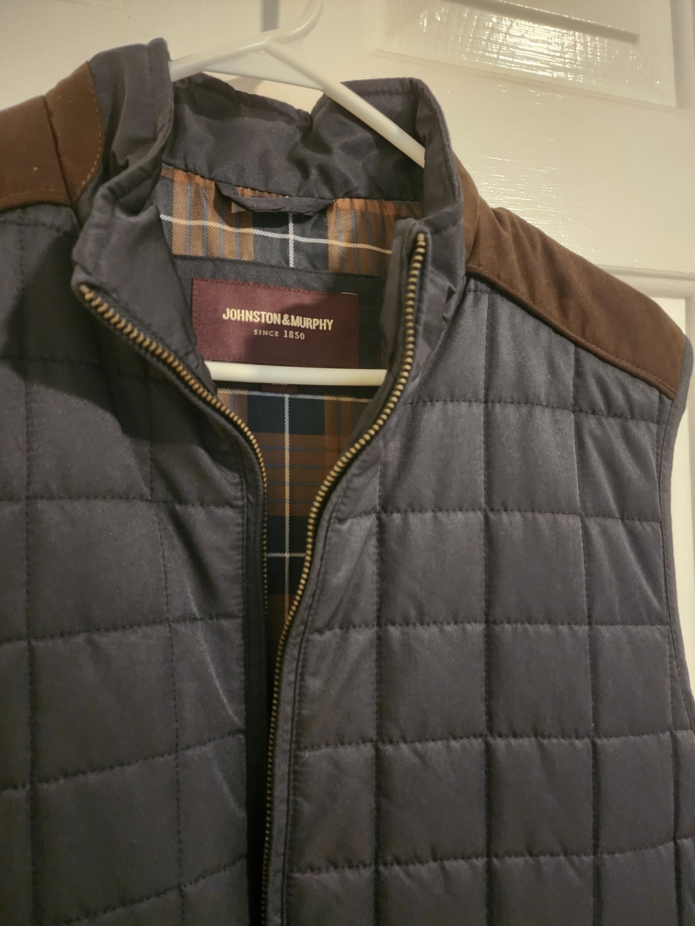 Johnston & Murphy Quilted Blue Vest with Brown Shoulder Panels